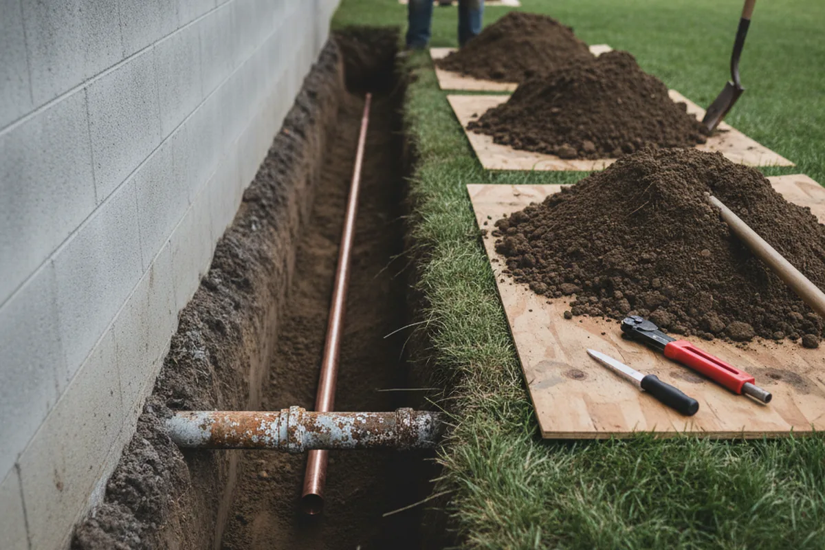 Excavated water line trench during Water Heater Repair in Lyles